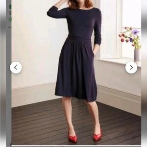 Boden Abigail Jersey Dress Navy Blue Knee Length Pockets Long Sleeve Sz 14 Long